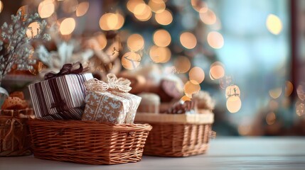 Soft focus and background blurred Gift Baskets, Gift set .Holiday and Christmas and New year present Concept.