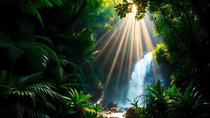 Sunlight Pierces Dense Rainforest Revealing Hidden Waterfall

