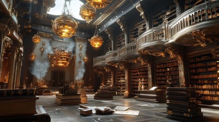 Elaborate and ornate library with stacks of books and golden spherical lamps