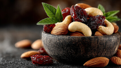 A bowl of mixed nuts such as cashews and almonds with green leaves on top, Concept of healthy food for weight loss or dieting. Copy space banner