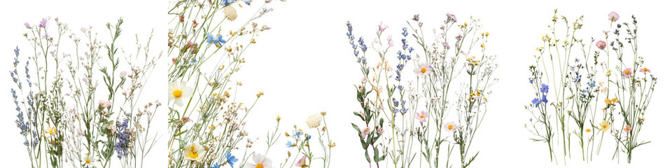 set of Clusters of ornamental meadow grasses gently scattered with blooming flowers, on a transparent backgrounds