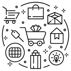 Generate a diverse icon pack for e-commerce and online shopping, covering aspects from product to delivery.