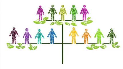 Stylized organizational or family tree diagram with vibrant human-like figures on green branches, symbolizing growth, connection, and hierarchy on white background.