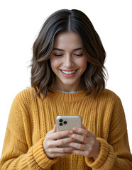Young woman smiling and texting at smartphone in yellow sweater isolated on transparent background