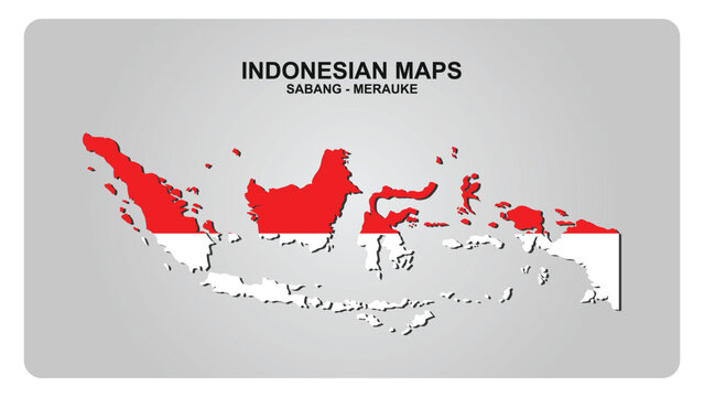 Indonesian maps showing the country of Indonesia. The map is red, white, and blue. The map is a flat, two-dimensional representation of the country