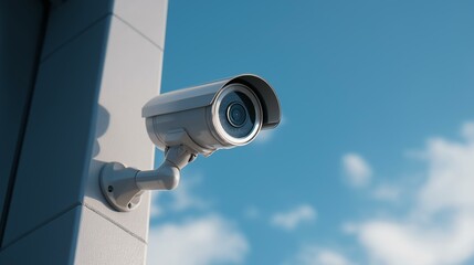 Naklejka na ściany i meble Modern surveillance camera mounted outdoors, capturing clear images against a blue sky and white clouds.