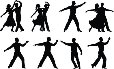 Ballroom dance silhouette vector set, couple dancing and solo male dancer poses, elegant movement, black isolated figures for choreography, performance, tango, waltz, and salsa design
