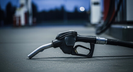 A black fuel nozzle lies discarded on the asphalt ground of a gas station a simple image representing the core of the transportation energy sector