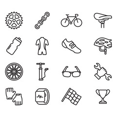 Cycling sport icon set. Thin line vector. Contains icons such as racing bike, chain, tire pump, championship, helmet and more.
