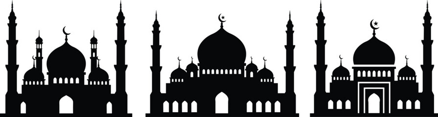 Islamic mosque silhouette vector, traditional architecture with domes and minarets, religious landmark design for Ramadan, Eid, and Muslim celebration, black isolated icons on white background