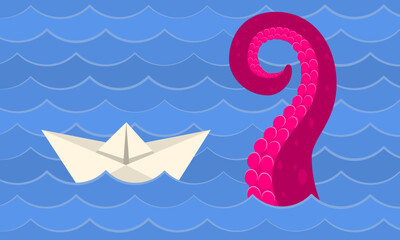 Vector minimalistic illustration of a paper boat sailing on blue waves with a giant pink tentacle emerging from the sea. Perfect for creative, playful, and nautical concepts.