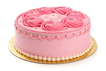 Elegant pink cake with smooth frosting and decorative design, isolated on a clean white background—ideal for birthday themes, dessert branding, party promotions, and bakery packaging