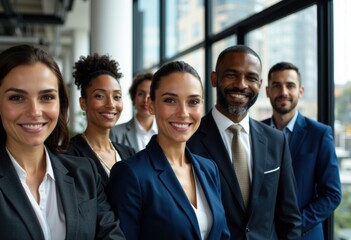 Fototapeta premium A diverse group of professionals smiling confidently in a modern office setting