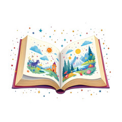 Storybook illustration open book with fantasy landscape for kids and children reading and education art