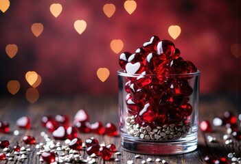 Heart-shaped red and white candies in a glass bowl with scattered candies on a wooden surface