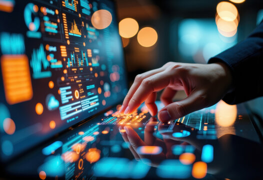 Business professional interacts with digital data interface on a futuristic touchscreen device