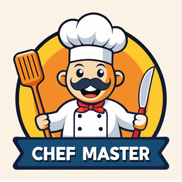 Cartoon chef master logo design with spatula and knife