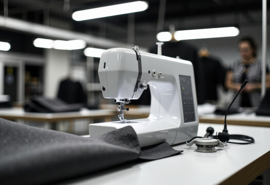 Modern sewing machine on a table in a well-lit workshop environment