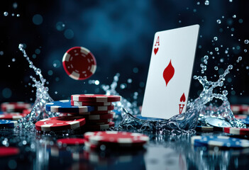An ace of hearts playing card stands upright amidst poker chips and splashing water in a dynamic casino scene
