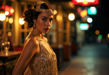 Elegant woman in a vintage dress with sequins and a headband