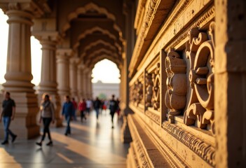 Obraz premium Intricate architectural details with people walking in the background