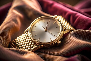 Elegant gold wristwatch with textured band rests on rich fabric