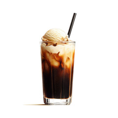 Iced coffee with vanilla ice cream scoop isolated on transparent background