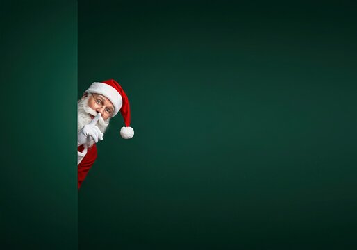 Santa Claus peeking from behind a wall with a finger on his lips, telling a secret. Christmas surprise concept with green background for copy space.