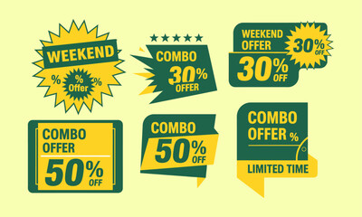 A collection of green and yellow badges for weekend and combo sale offers. set ideal for e-commerce websites,social media promotions, or print advertisements aiming to announce special deals & bundles