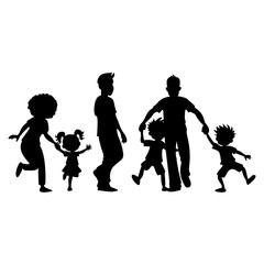 Cartoon family Character Silhouettes .Diverse Poses for Animation and Design.Black shadow human activity sign father mother daughter and son 