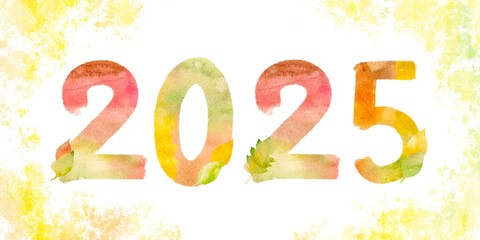 秋色の水彩で書いたカラフルな2025の文字。華やかな秋のイラスト素材。