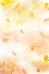 水彩画を背景に秋の葉っぱが舞い落ちる幻想的風景。黄色や茶色を使用した秋らしいイラスト。