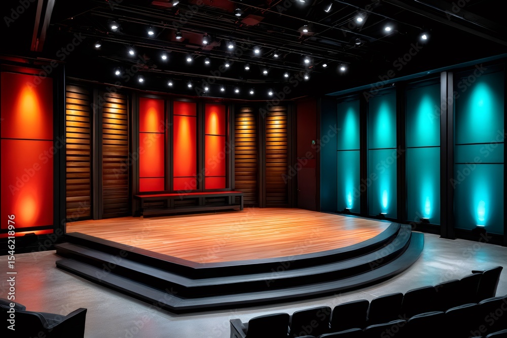 Poster empty stage illuminated with red and teal lights awaits performers