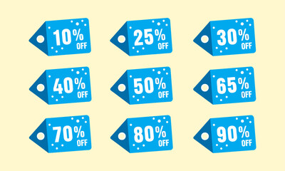 A set of ten blue and white polka dot discount tags from 10% to 90% off. Ideal for e-commerce, banners, print ads, and retail marketing to display various discounts.