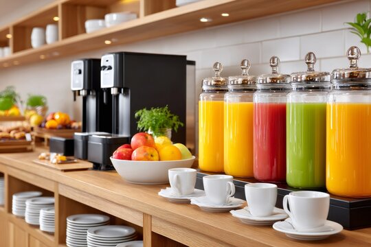 Hotel buffet offering various juices, fruits, coffee and bread for breakfast