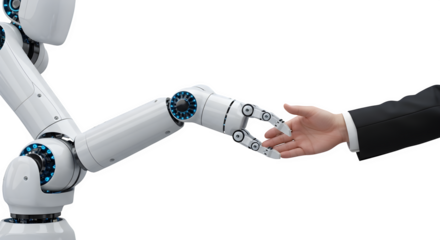 Robot hand reaching for human hand 3d rendered isolated on transparent background