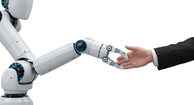 Robot hand reaching for human hand 3d rendered isolated on transparent background