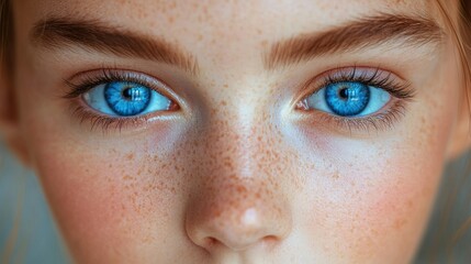 Fototapeta premium Close-up of a young person's face with freckles and bright blue eyes