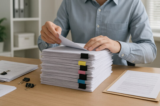 Woman at desk surrounded by stacks of papers.