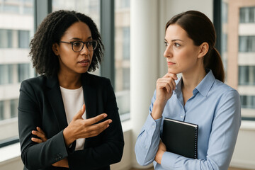 women in business attire having a conversation.
