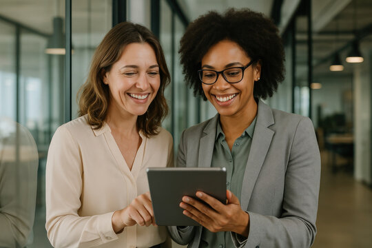 women smiling while using a tablet.
