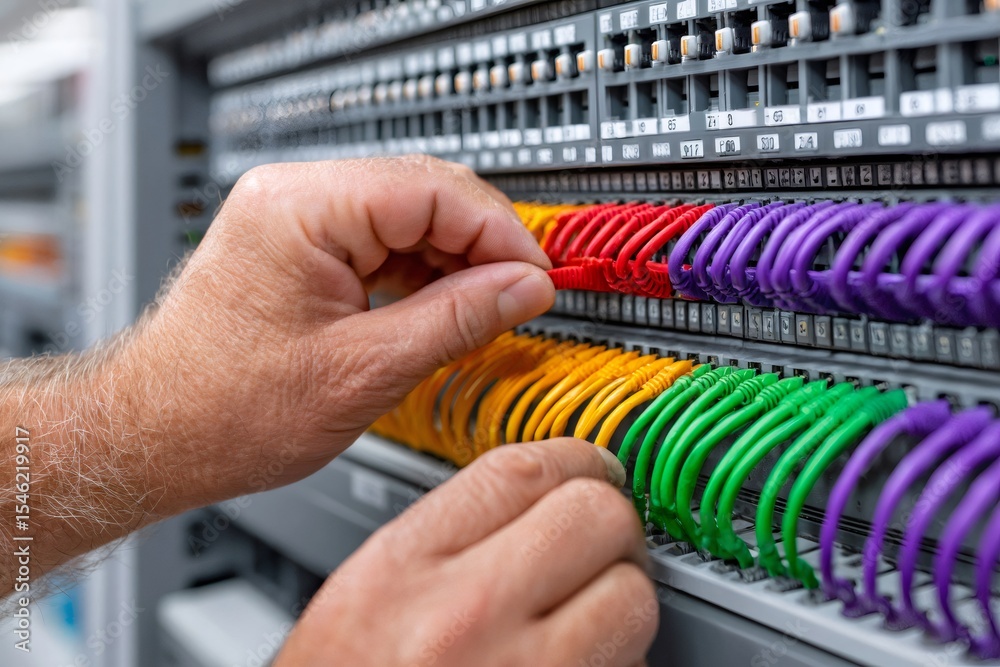 Poster technician connecting colorful network cables in server room