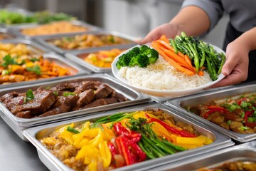 Chef serving rice, broccoli and carrots on plate at a buffet