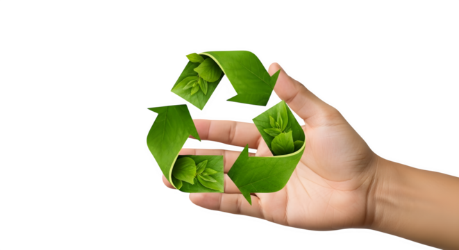 Hand holding recycling symbol made of leaves isolated on transparent background