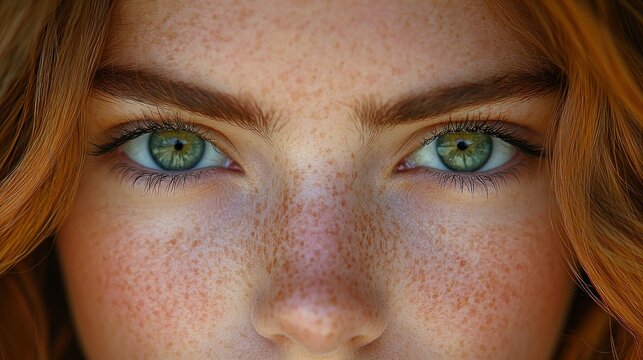 Close-up of freckled face with green eyes