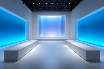 Empty futuristic stage lighting up with blue and purple lights