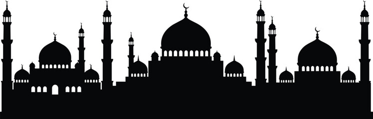 Islamic mosque silhouette illustration, Arabic architecture vector, religious building skyline, Muslim cultural landmark, minaret dome design, black mosque art, Islamic heritage artwork for decor