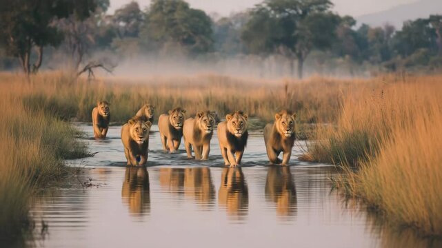 Pride of Lions Crossing a River at Sunrise in African Savannah
