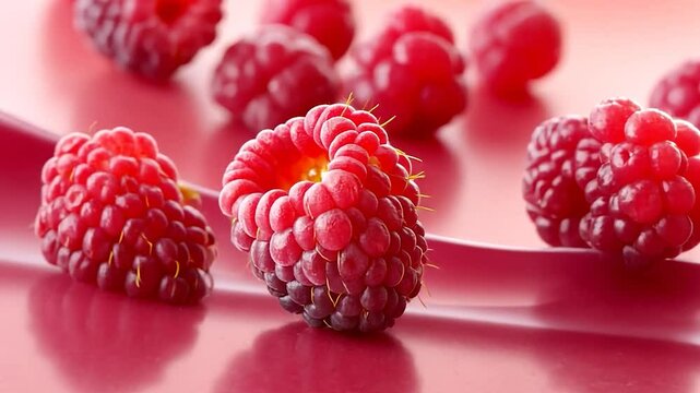Closeup view of red raspberries on pink surface food photography