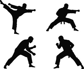 Martial artist silhouette, karate poses vector, fighting stance illustration, black belt combat action, male fighter isolated, self defense practice, martial arts clipart, editable design